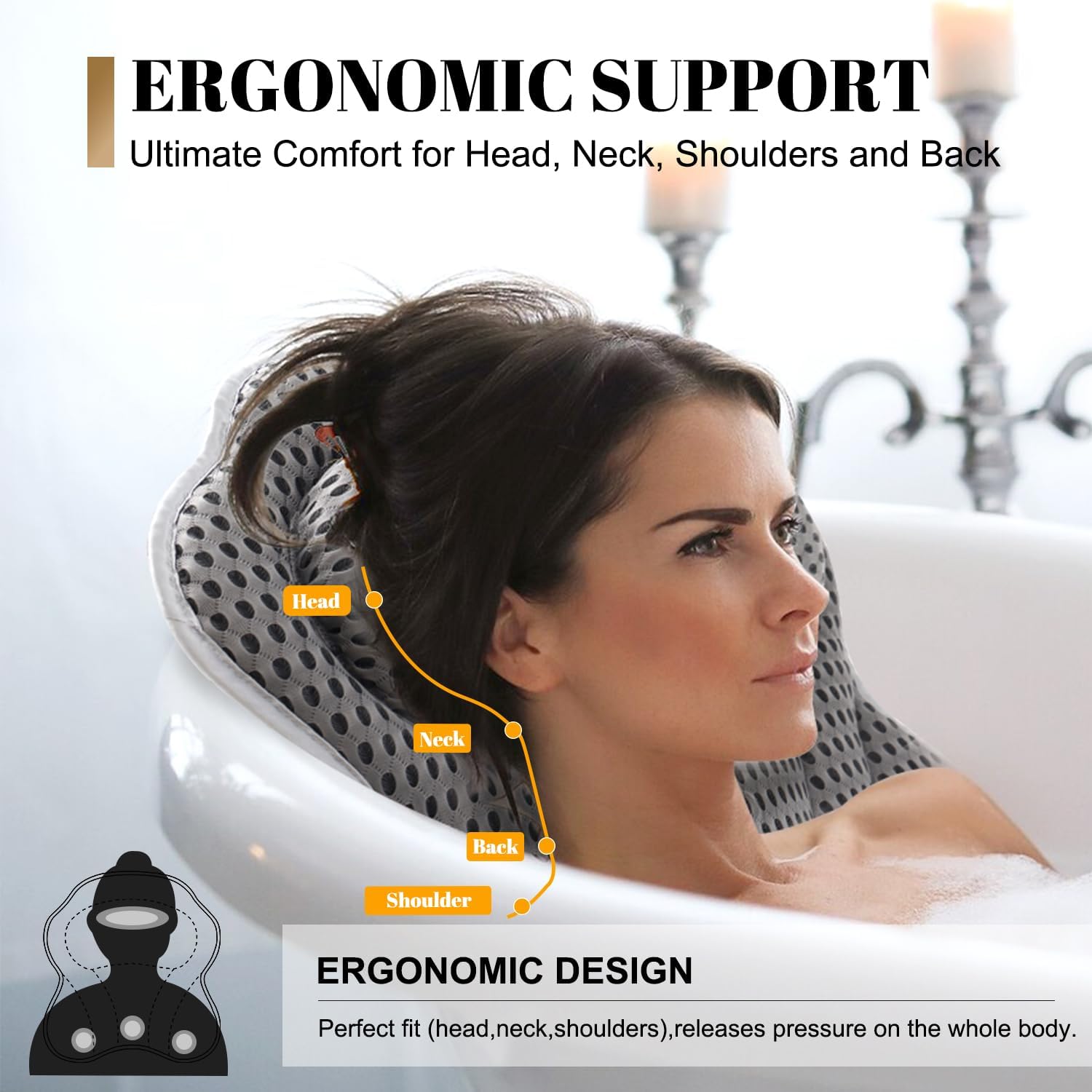 Detalle 2 de Idle Hippo BP7502 Bath Pillow with 4D Air Mesh and Suction Cups, Grey