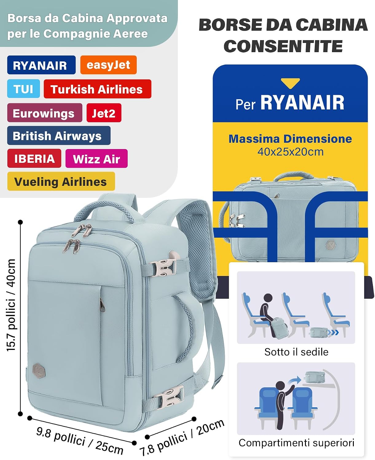 Thumbnail 2 de VANKEV Zaino Ryanair 40x20x25 20L con porta PC fino a 14 pollici (azzurro)