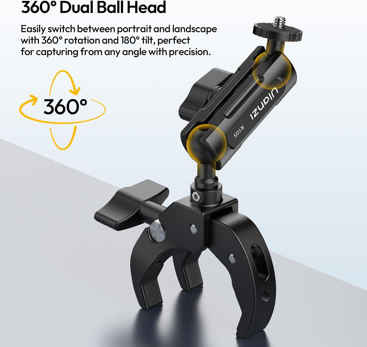 Detalle 2 de ULANZI R105 Super Clamp : support caméra à 3 griffes, double tête 360° et fixation 1/4
