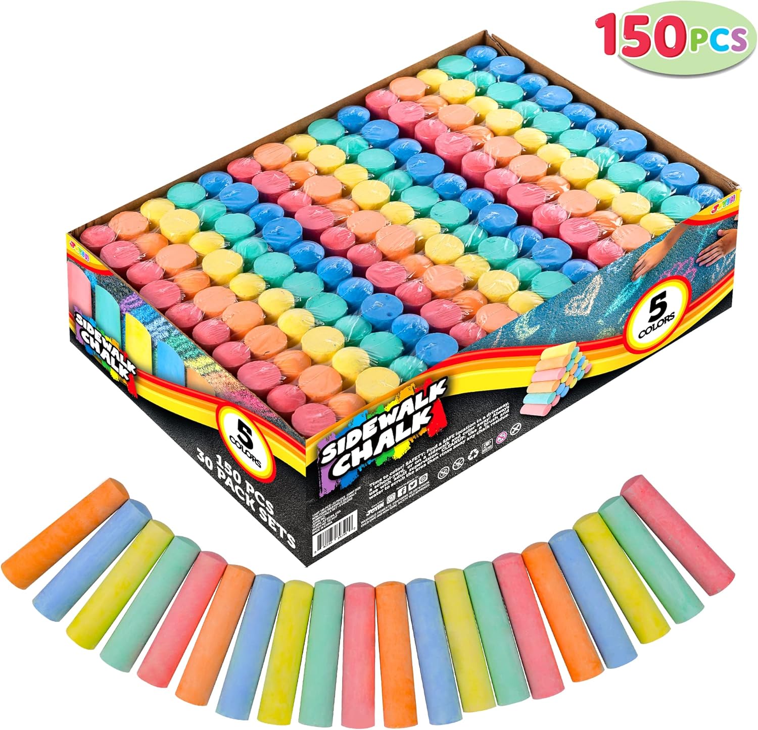 Thumbnail 1 de JOYIN 150-Piece Sidewalk Chalk Set (30 Packs, 5 Colors) — Jumbo, Non-Toxic, Washable Outdoor Chalk