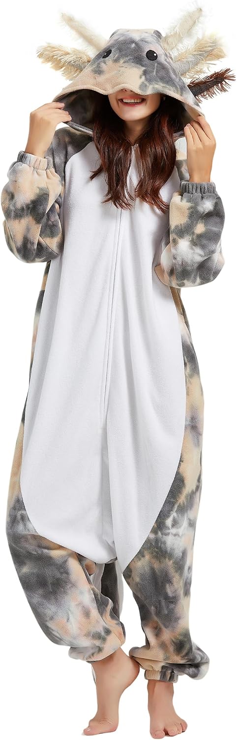 Detalle de DELEY Unisex Axolotl Onesie Costume with Plush Fabric, Hood and Pockets