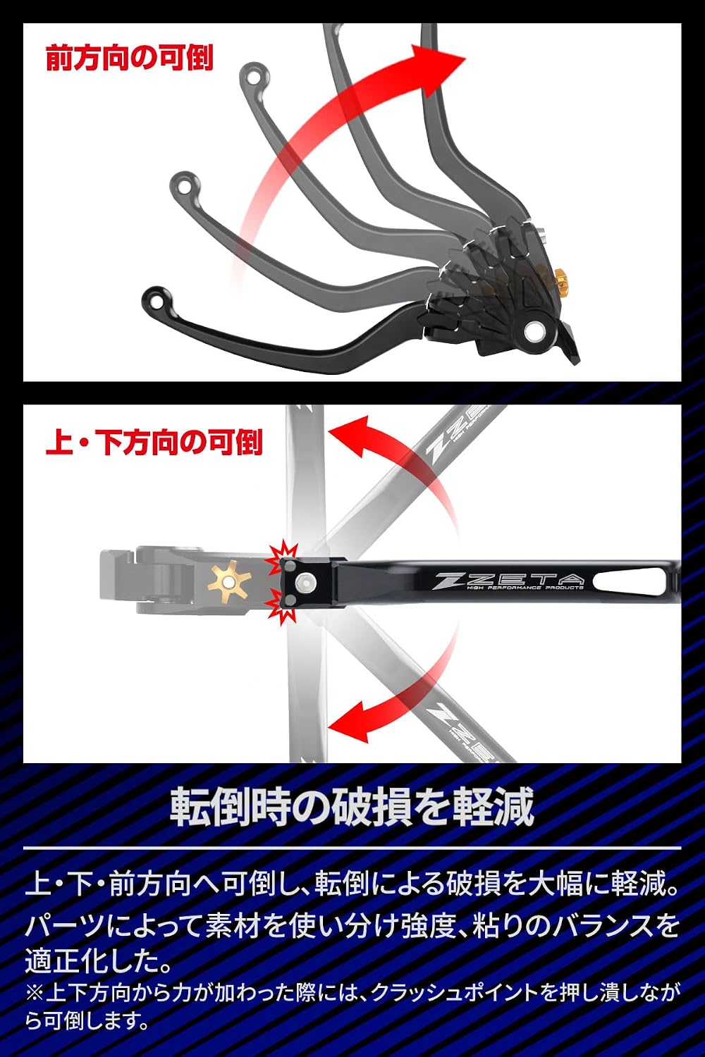 Detalle de ジータレーシング ZETA RACING F5612 パイロットレバーセット ブラック 可倒式・約20段階調整