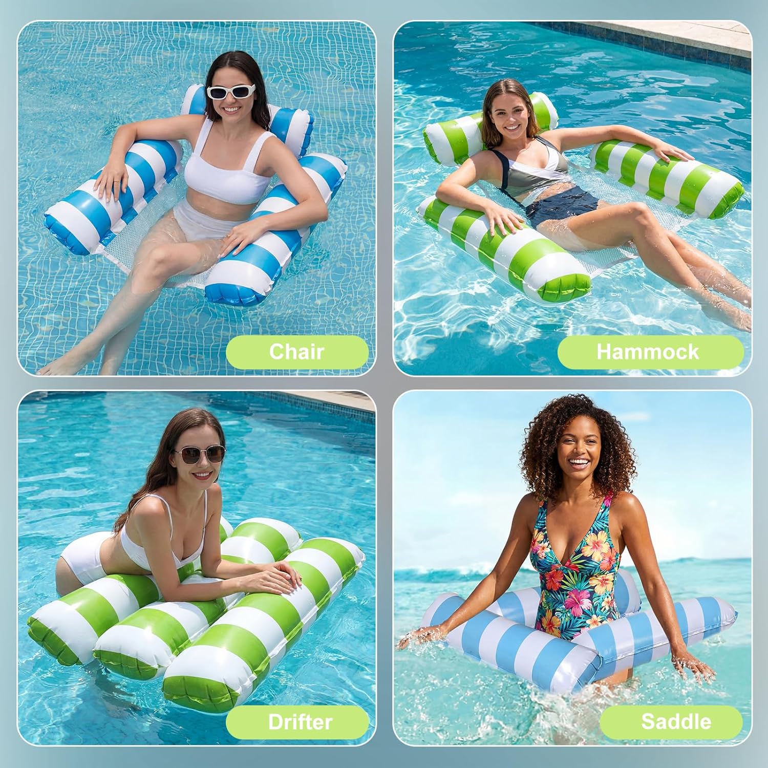 Detalle de SULIMRA 4-in-1 Inflatable Pool Floats Adult 2-Pack: Thick, Heavy-Duty Mesh Hammock Loungers