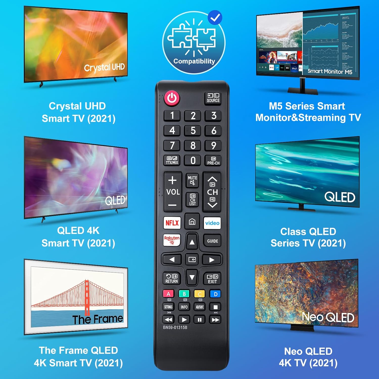 Detalle de BN59-01315B Samsung Ersatz-Fernbedienung für Smart 4K UHD, Crystal QLED & Quantum TV