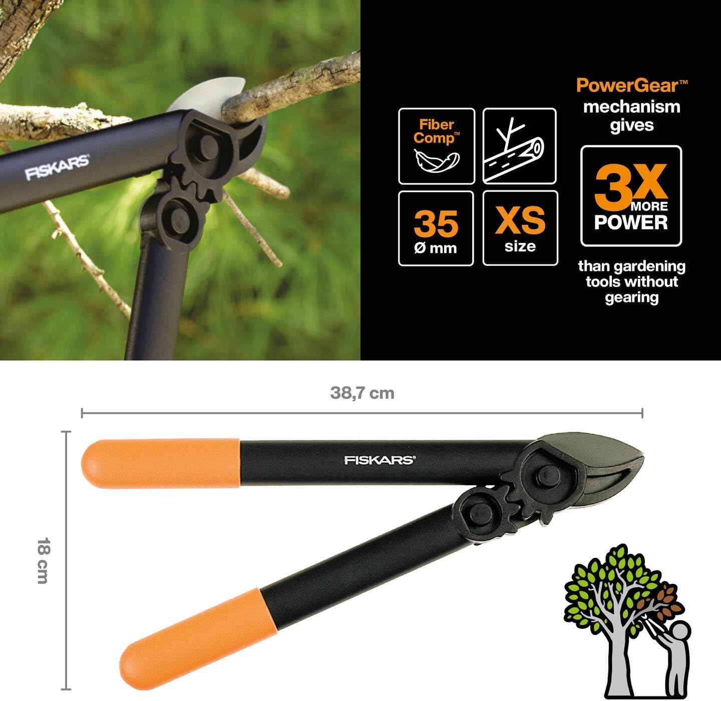 Thumbnail 2 de Fiskars PowerGear Amboss-Getriebeastschere L31 – 39 cm, für trockenes/Hartholz