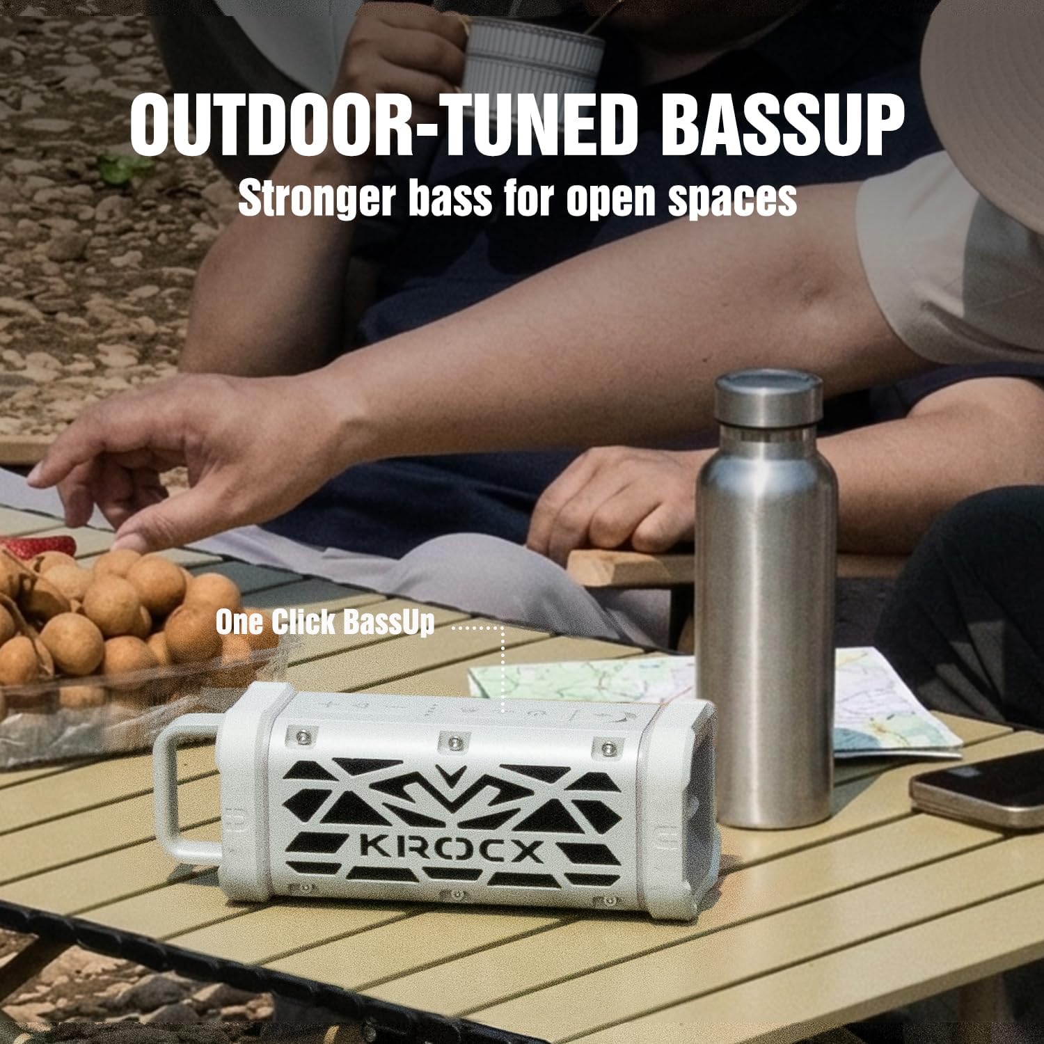 Detalle de KROCX TRAVOR Magnetic Bluetooth Speaker (45W) — Cloud Dancer Metallic, Rugged Aluminum Outdoor Speaker