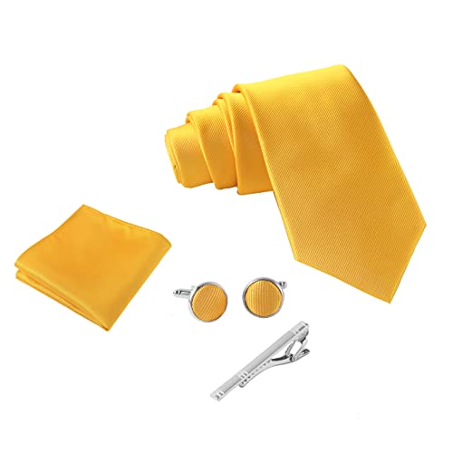 Detalle de Massi Morino Morino – Set 5 en 1: corbata amarilla con pañuelo y accesorios (gemelos, sujetacorbatas) en caja regalo