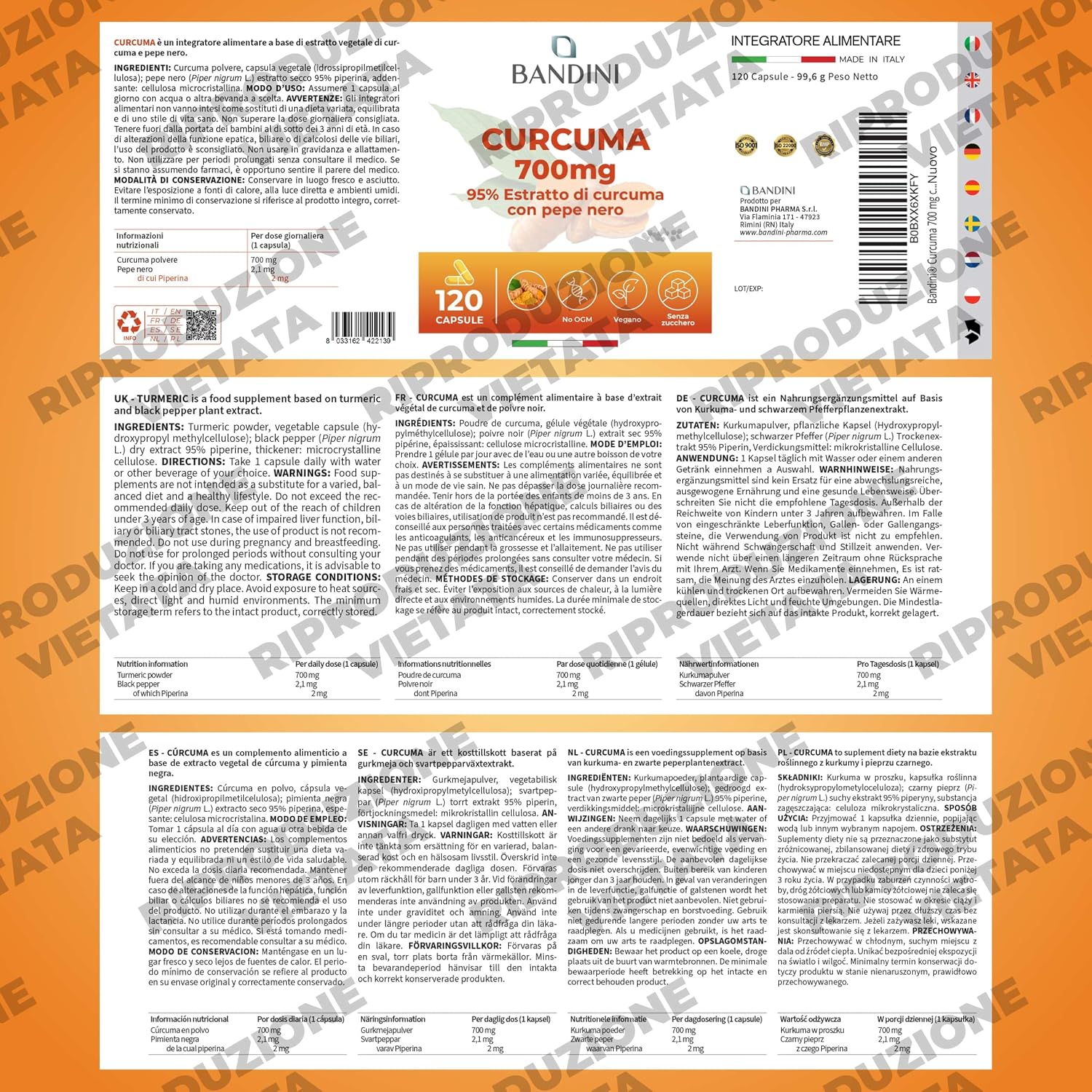 Detalle 1 de Bandini® Curcuma kurkumacapsules, 700 mg met piperine, 120 vegan capsules