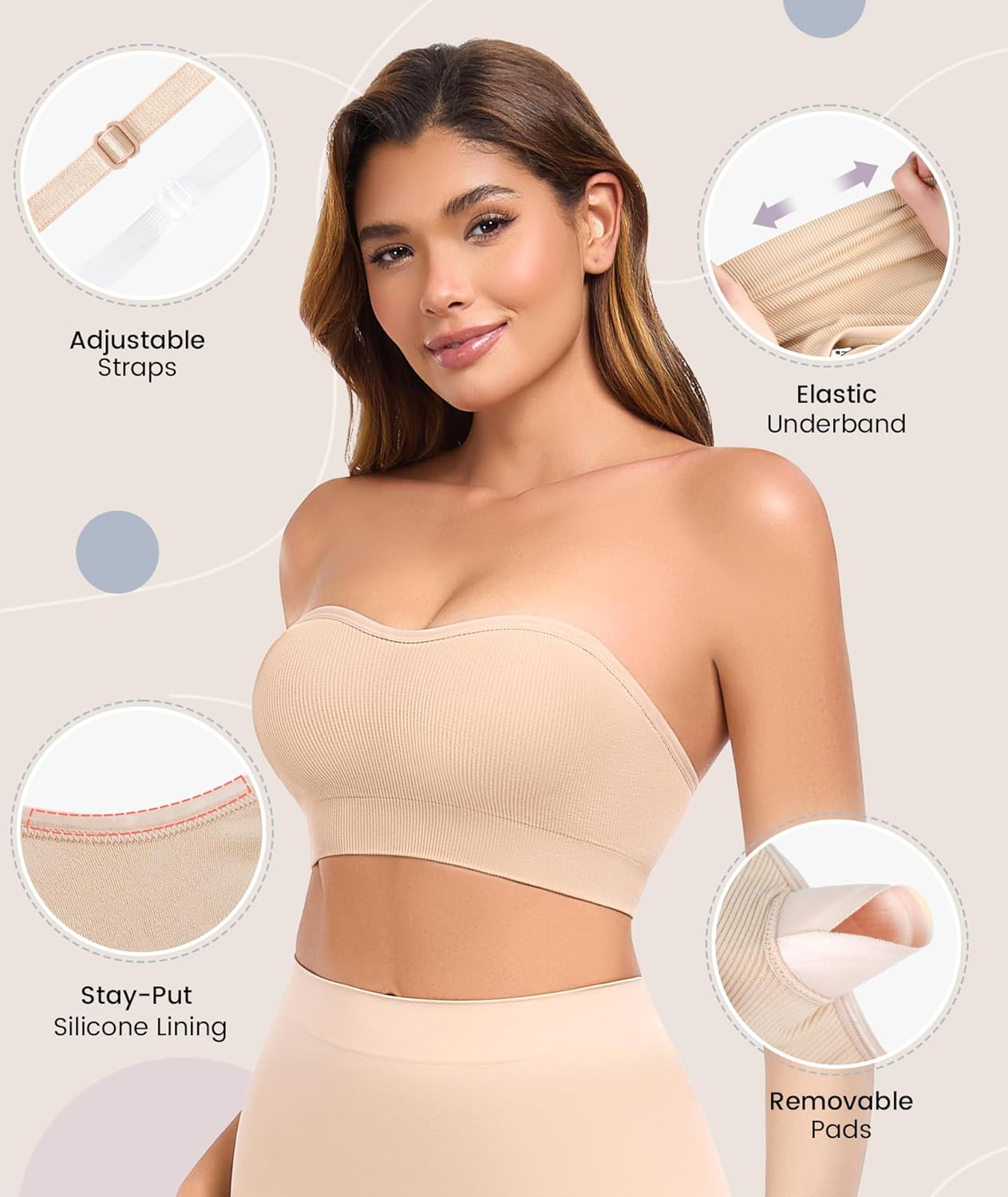 Thumbnail 3 de Finduself Strapless Wireless Bandeau Bra with Anti-Slip Lining and Removable Pads