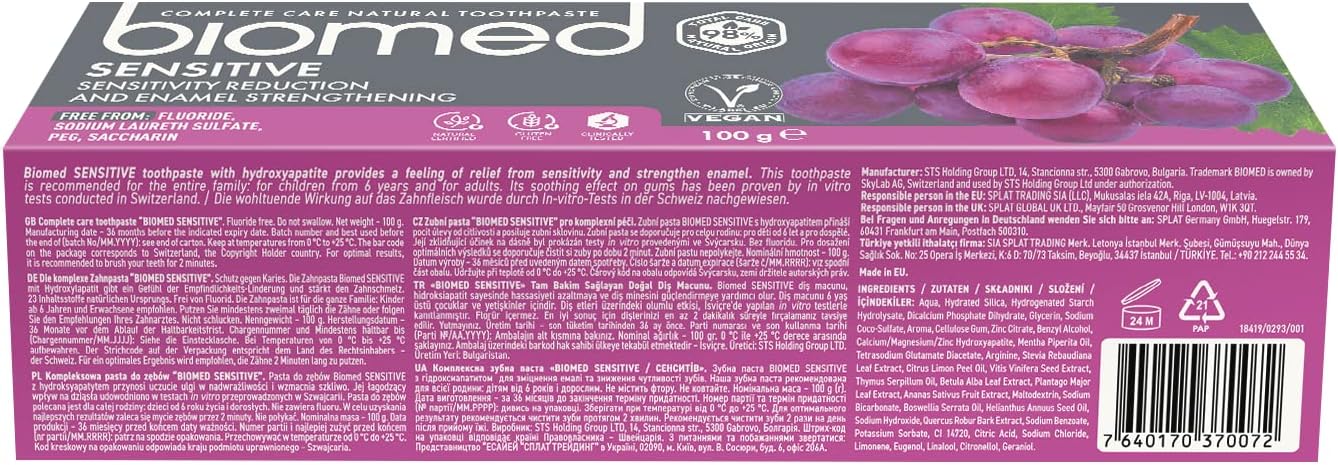 Detalle de Biomed Sensitive 98% Natural Toothpaste 100g 🪥