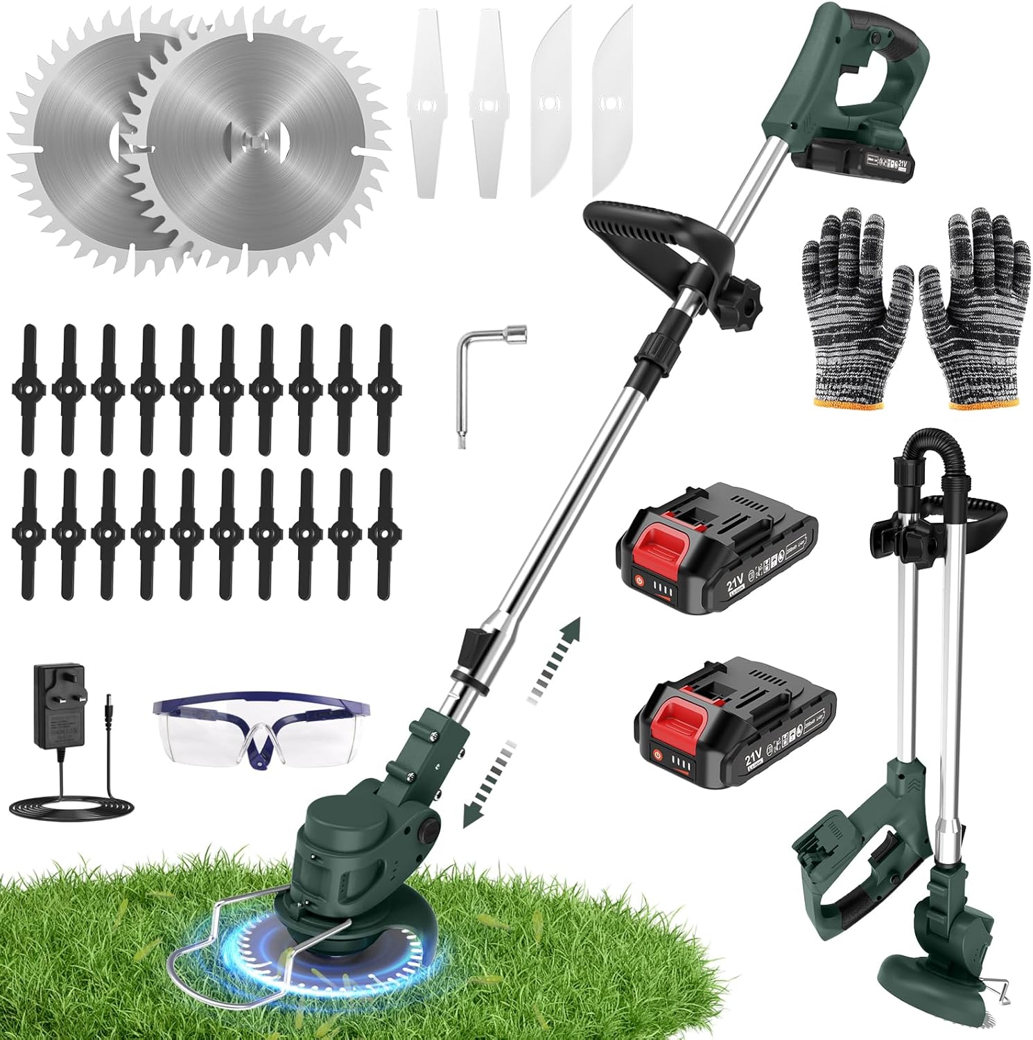 Detalle de 21V Cordless Strimmer with 26 Blades and 90° Adjustable Head — Deep Green