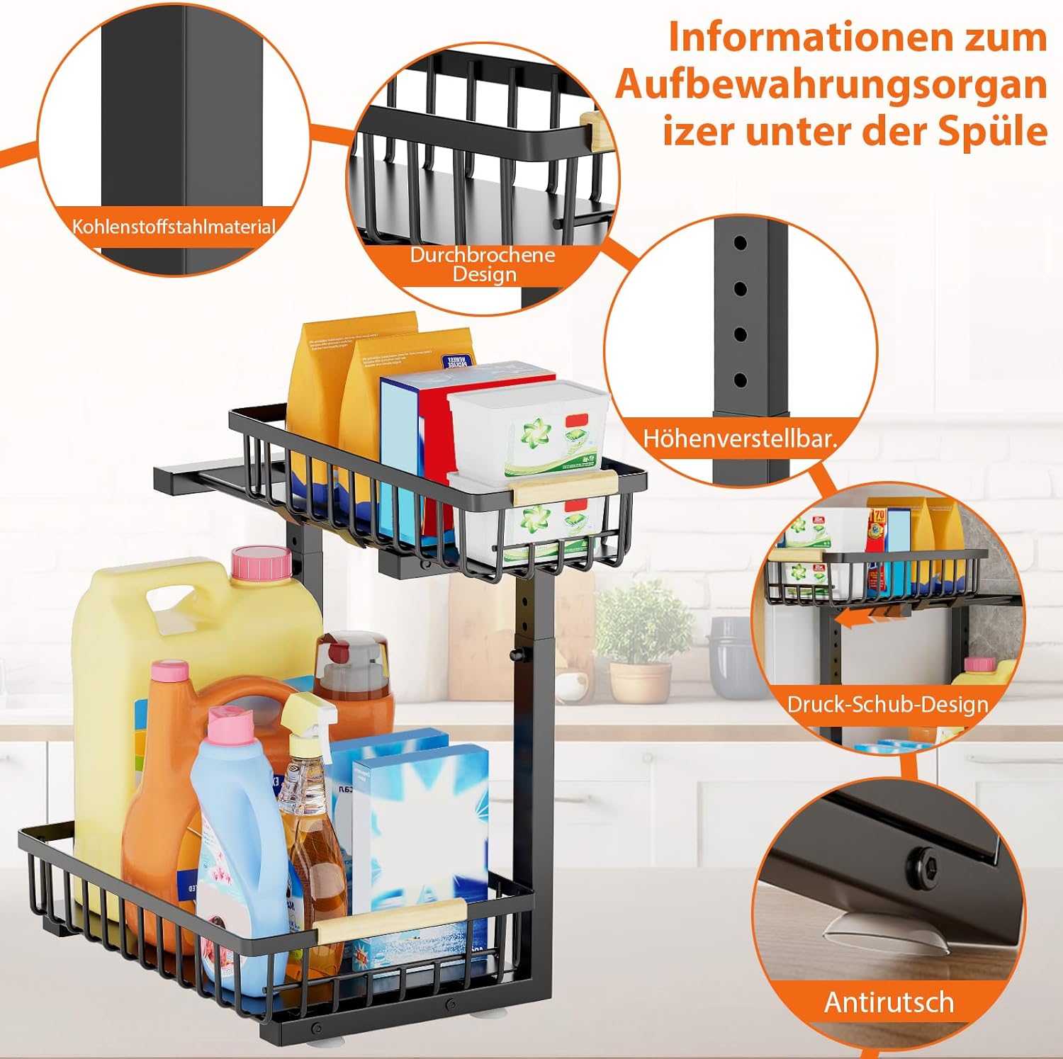 Detalle de OUUTMEE Küchen Organizer für unter dem Spülbecken – 2er-Set, höhenverstellbar 35,5–43 cm, Metall schwarz