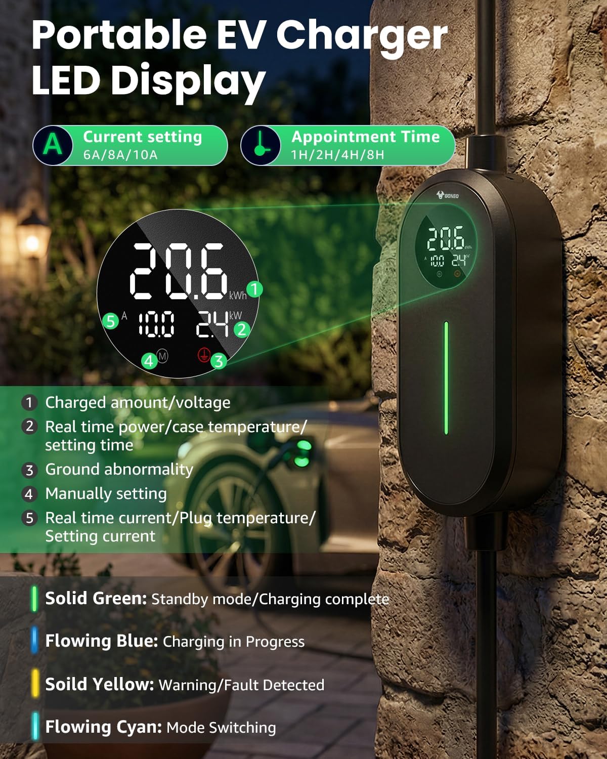 Detalle de GONEO Type 2 to 3 Pin Plug EV Charger (10M, IP66) with Temperature Monitoring and Leakage Protection
