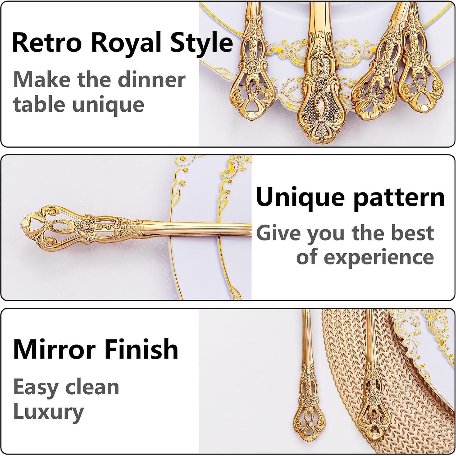 Detalle de Joyido 300Pieces Gold Plastic Silverware Set (100 forks, 100 spoons, 100 knives) – Heavy-Duty, Vintage Gold Disposable Cutlery for Dinner Parties