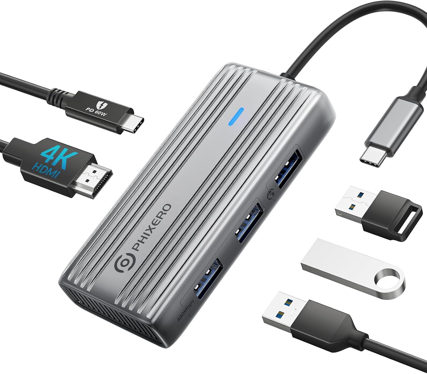 Detalle de PHIXERO USB-C Hub Multiport Adapter: 5-in-1 mit 4K HDMI, 60 W PD und USB 3.0