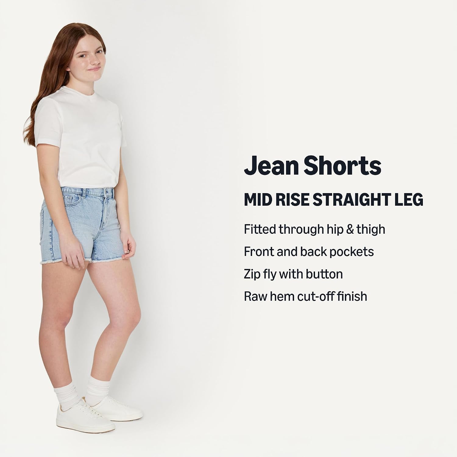 Detalle de Amazon Essentials Mädchen Jeansshorts mit mittlerem Stretchanteil, mittelhohem Bund und offenem Saum