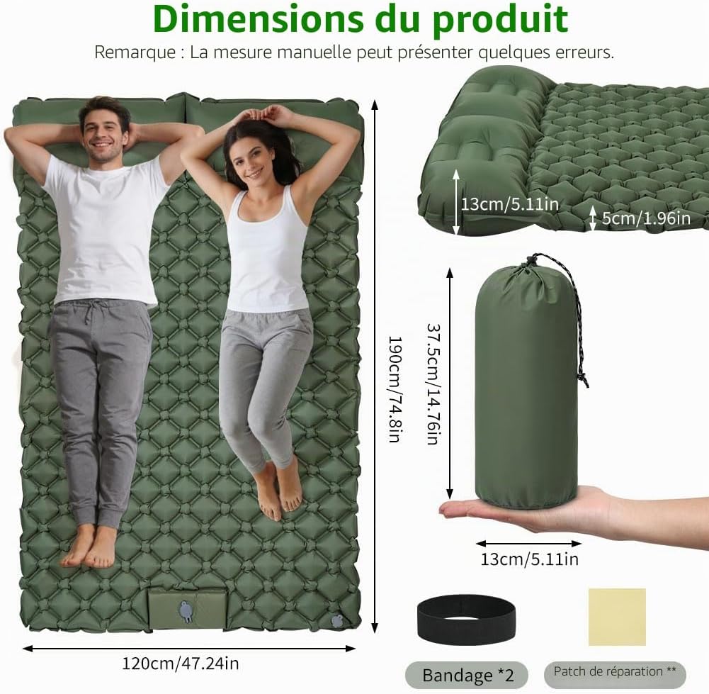 Detalle de AUYAO Matelas Camping Gonflable 190x120x5 cm avec Oreiller intégré et pompe à pied – léger, imperméable et modulable
