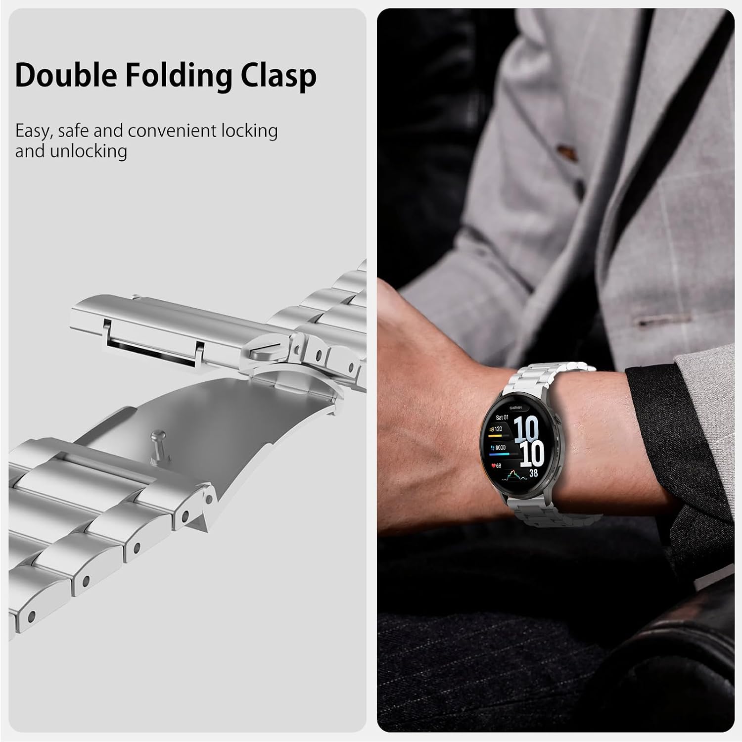 Detalle de SumRioo 22mm Stainless Steel Strap for Garmin Venu 4/3/2 & Forerunner 265/255 (Silver)