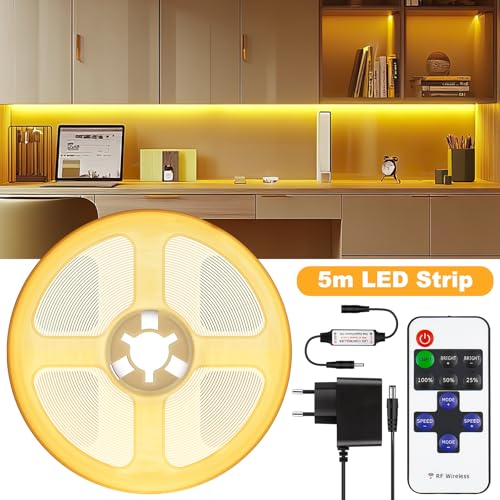 Detalle 2 de COB LED-Streifen 5M 2700K Warmweiß (24V, 36W, 480 LEDs) von Ylatoial – dimmbar mit Adapter