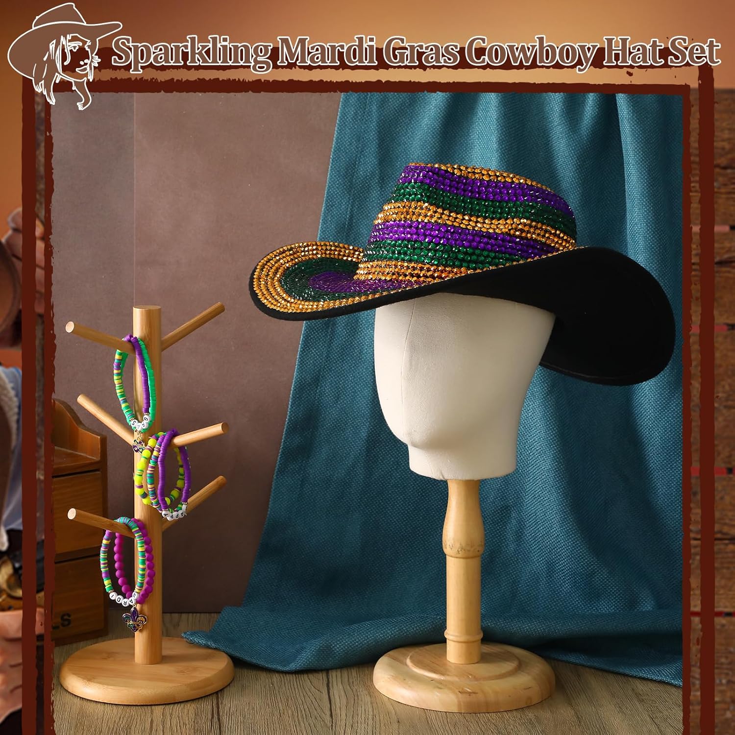 Detalle de Meng Jiaran Glitter Sequin Cowboy Hat with Bead Bracelets – Unisex Festival Accessory Set