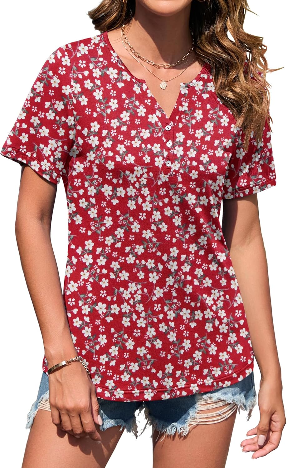 Thumbnail 4 de WNEEDU Tee Shirt Femme Col V à Manches Courtes – T-Shirt estival basique avec boutons