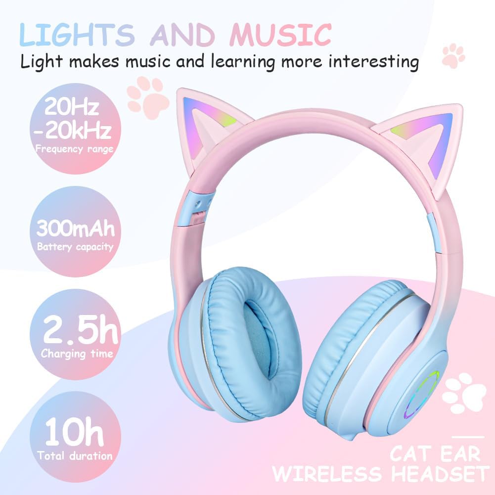 Thumbnail 5 de AXFEE Kinder-Kopfhörer mit Katzenohren – Bluetooth Over-Ear, LED, faltbar, Mikrofon, SD/TF, 105 dB Sicherung (Blau)