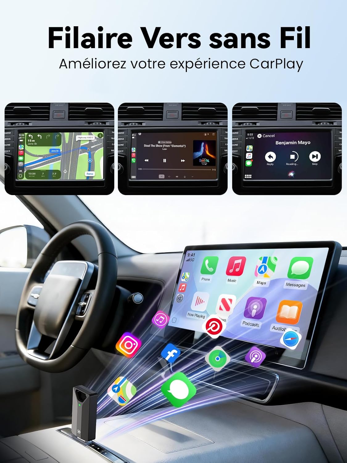 Detalle de Vanstaki H2 Adaptateur CarPlay sans Fil — Plug & Play, pour iPhone et CarPlay filaire