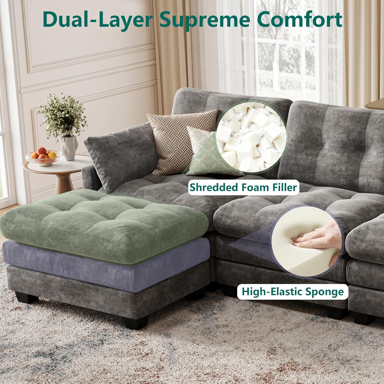 Detalle 2 de OhaiAura Couch Modular Sectional Sofa, U-Shaped Tufted, Dark Gray Chenille