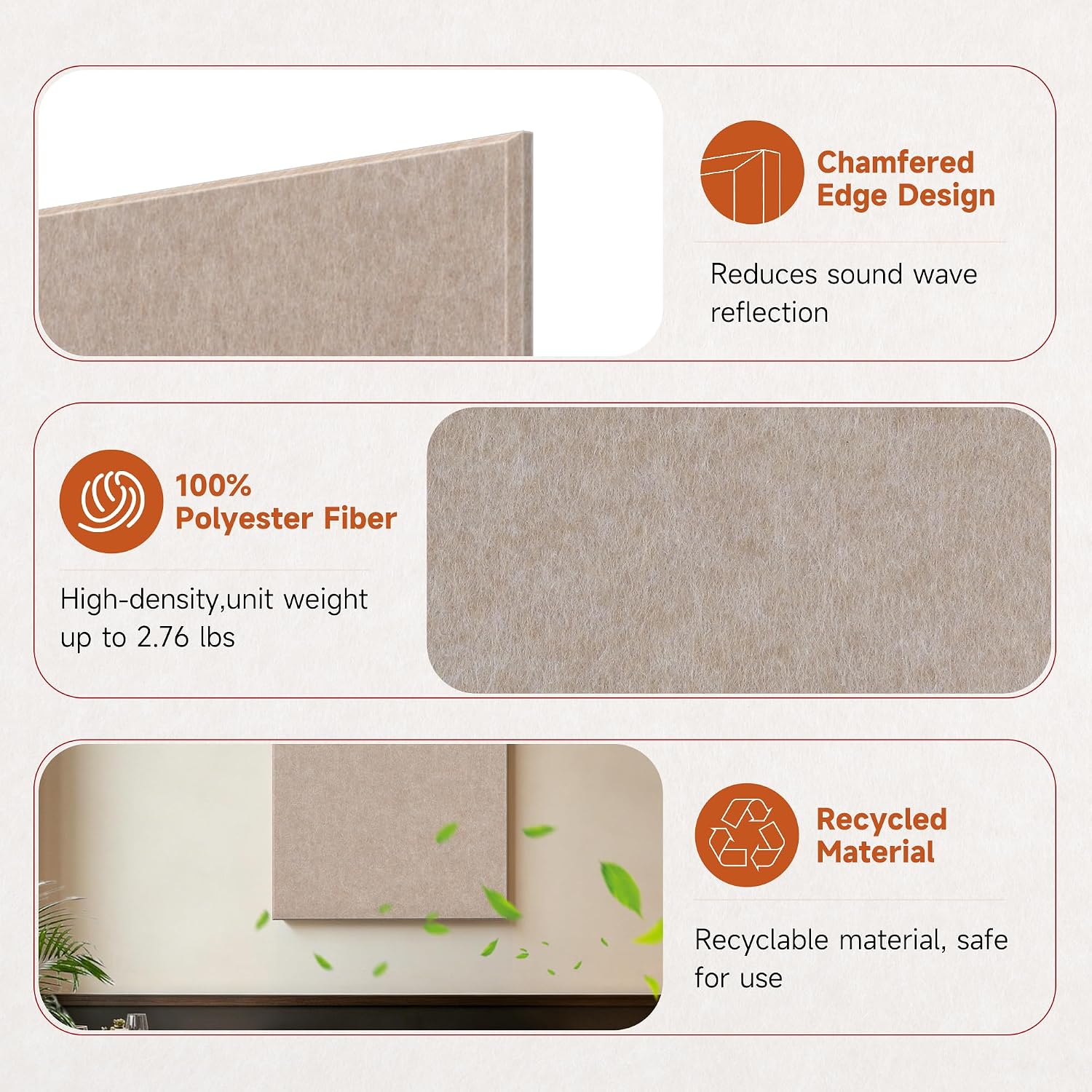 Detalle 1 de Millcalm Large Acoustic Wall Panels, 4-Pack, Camel, Self-Adhesive, 0.47-Inch Thick
