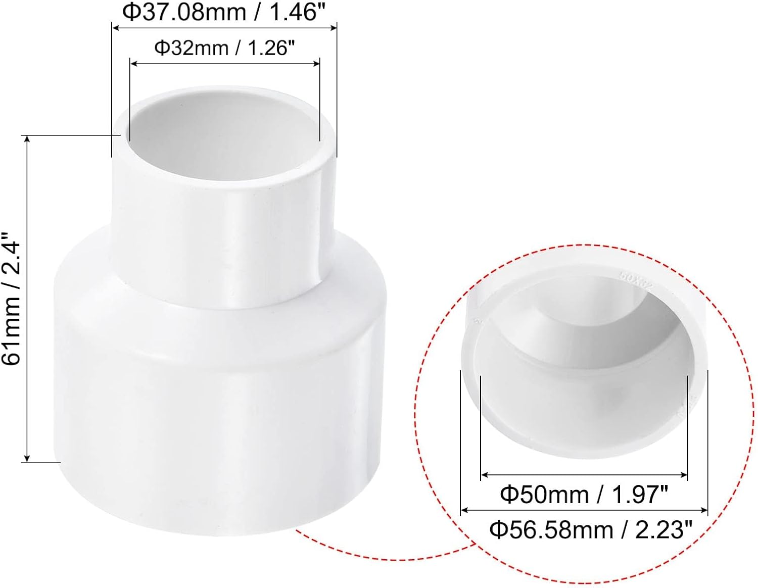 Detalle de TA-VIGOR PVC Reducer Coupling, 50mm x 32mm pipe fitting adapter (2 pack) – white
