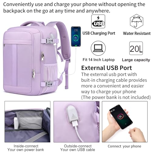 Thumbnail 2 de PUSLOM Mochila de cabina para avión 40x20x25 cm (20 L) con puerto USB y bolsillo antirrobo, lila