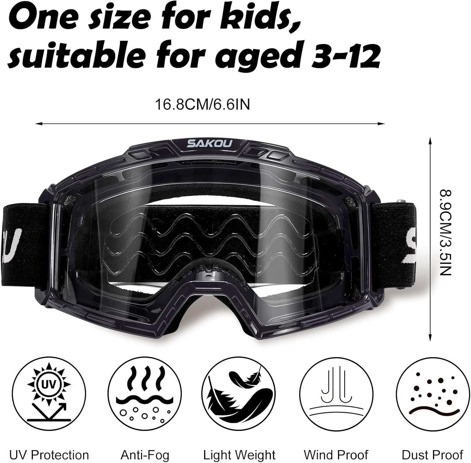 Detalle de SAKOU Kinder Motorrad Brille Cross – UV400, bruchsicherer TPU-Rahmen, Anti-Fog für Offroad (3–12 Jahre)