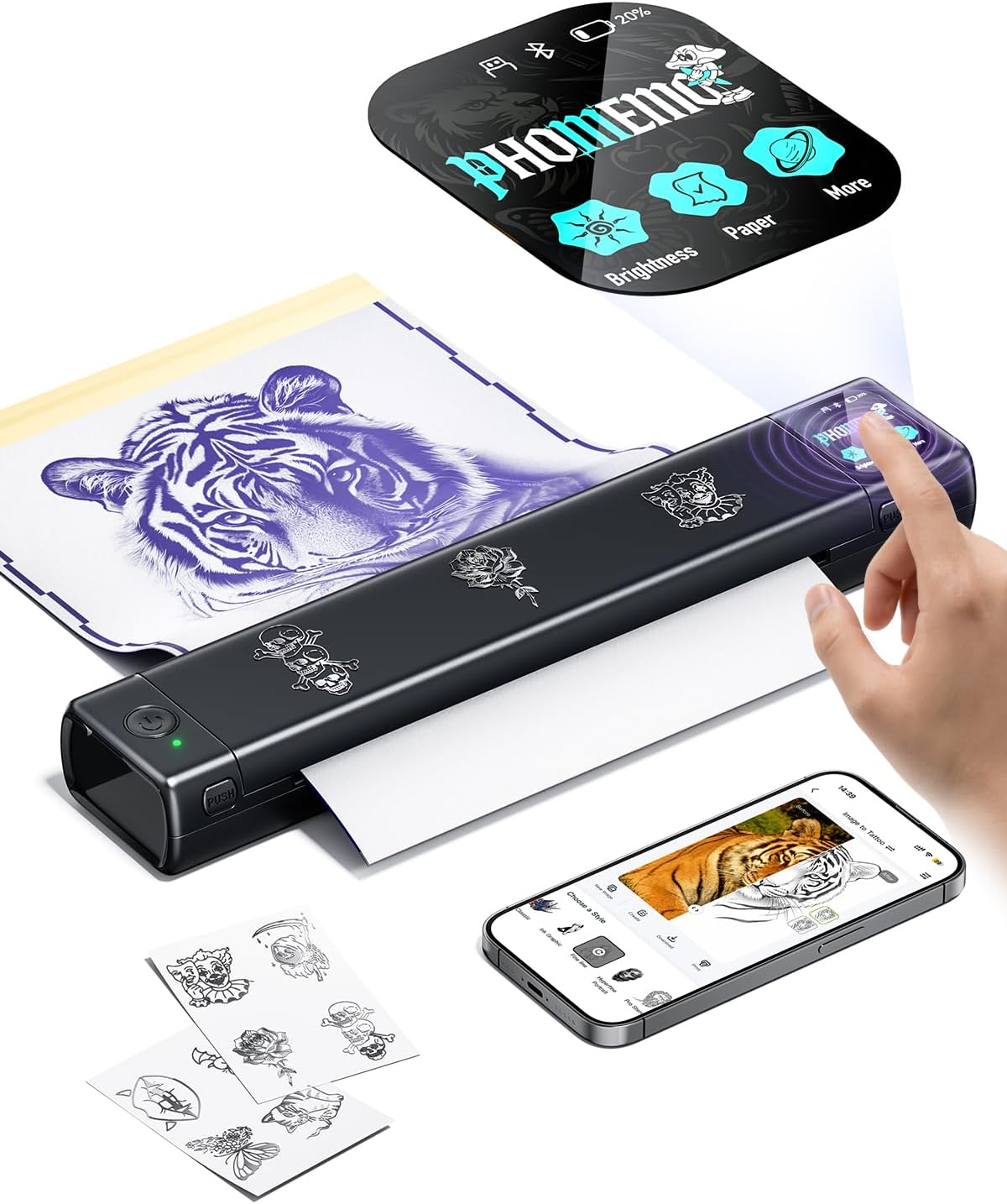 Detalle de Phomemo M08F Plus AI-tattoo-stencilprinter met touchscreen en 20 transferbladen