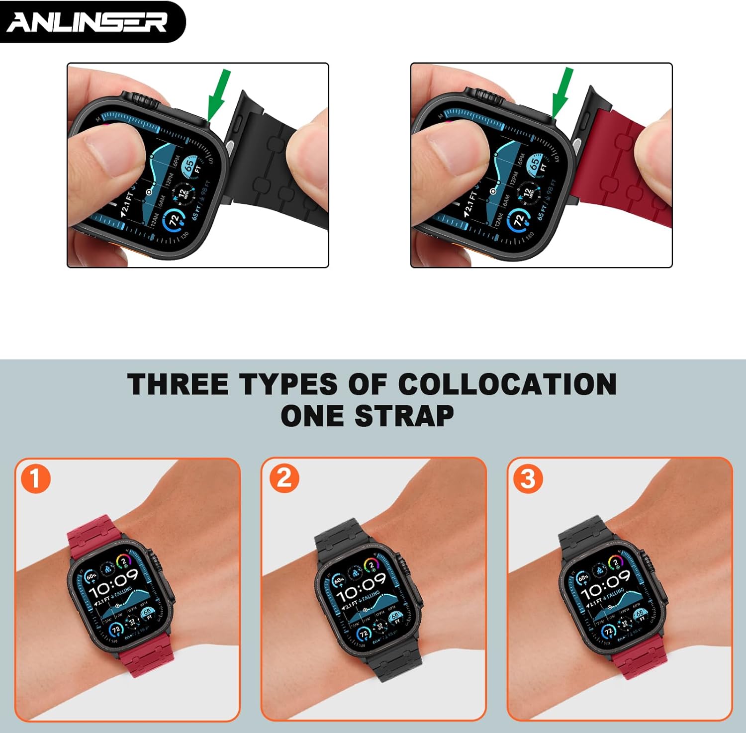 Thumbnail 2 de Anlinser Magnetic Silicone Watch Strap for Apple Watch Ultra & Series (49mm–42mm) in Red/Black