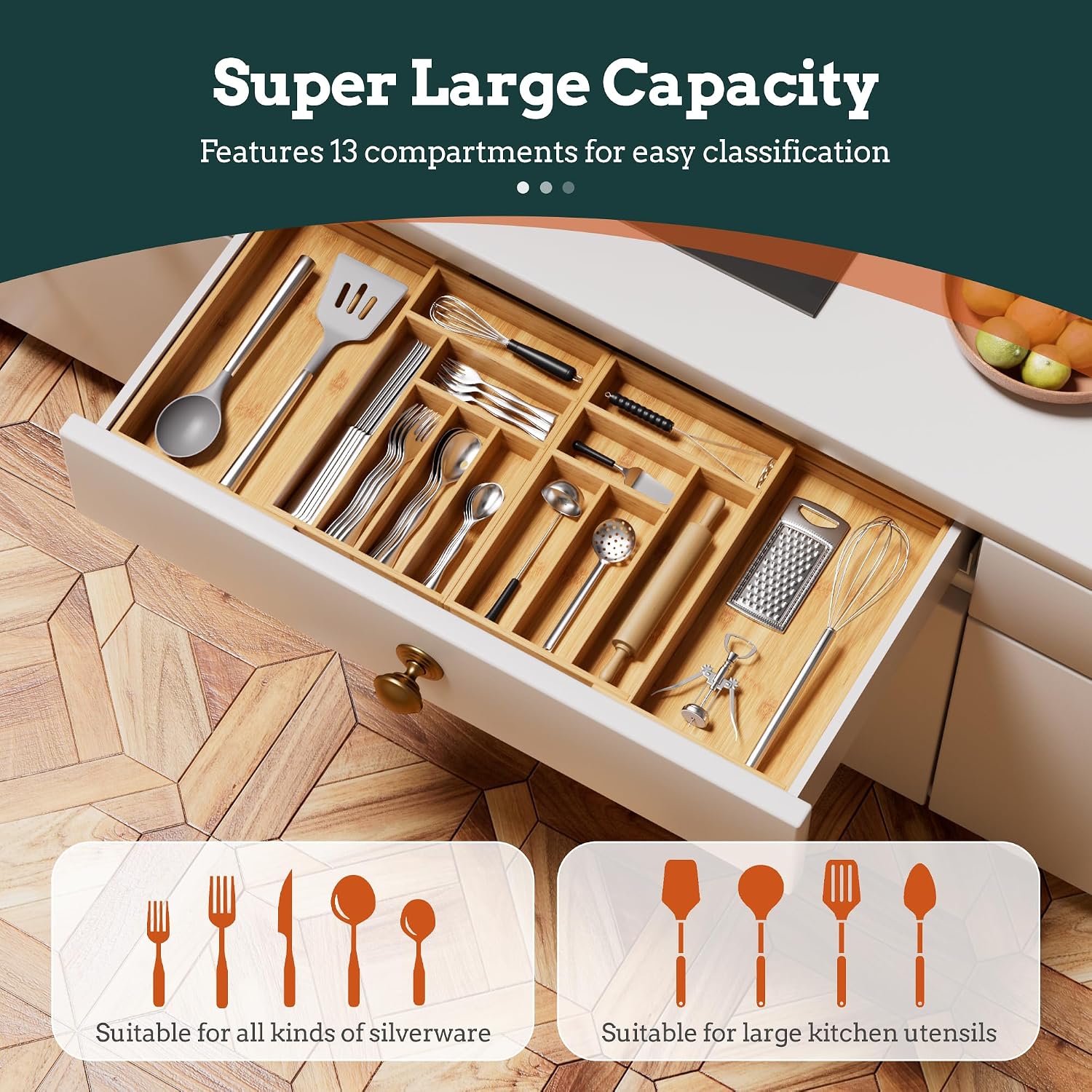 Thumbnail 1 de Silverware Organizer Large: Magnetic, Expandable Bamboo Silverware Drawer Organizer (21.3"–37.5" Wide)