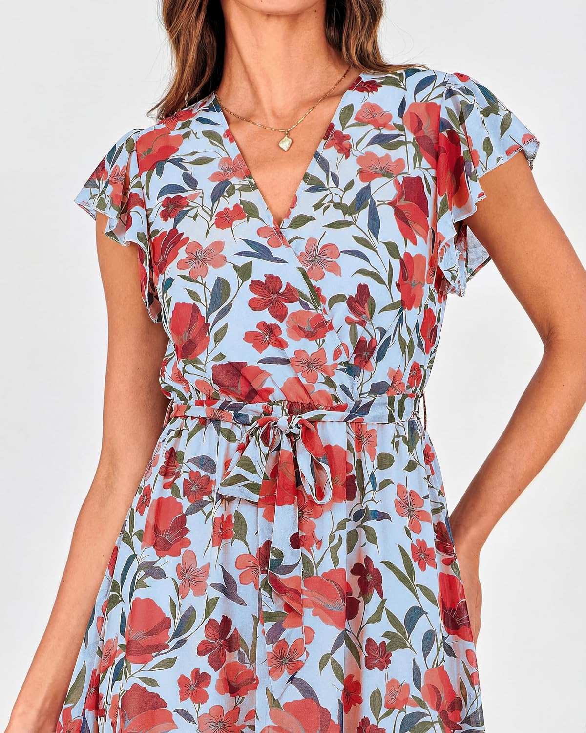 Thumbnail 3 de BTFBM Women Summer Bohemian Floral Wrap Midi Dress with V-Neck, Ruffle Cap Sleeves, and Belt – White