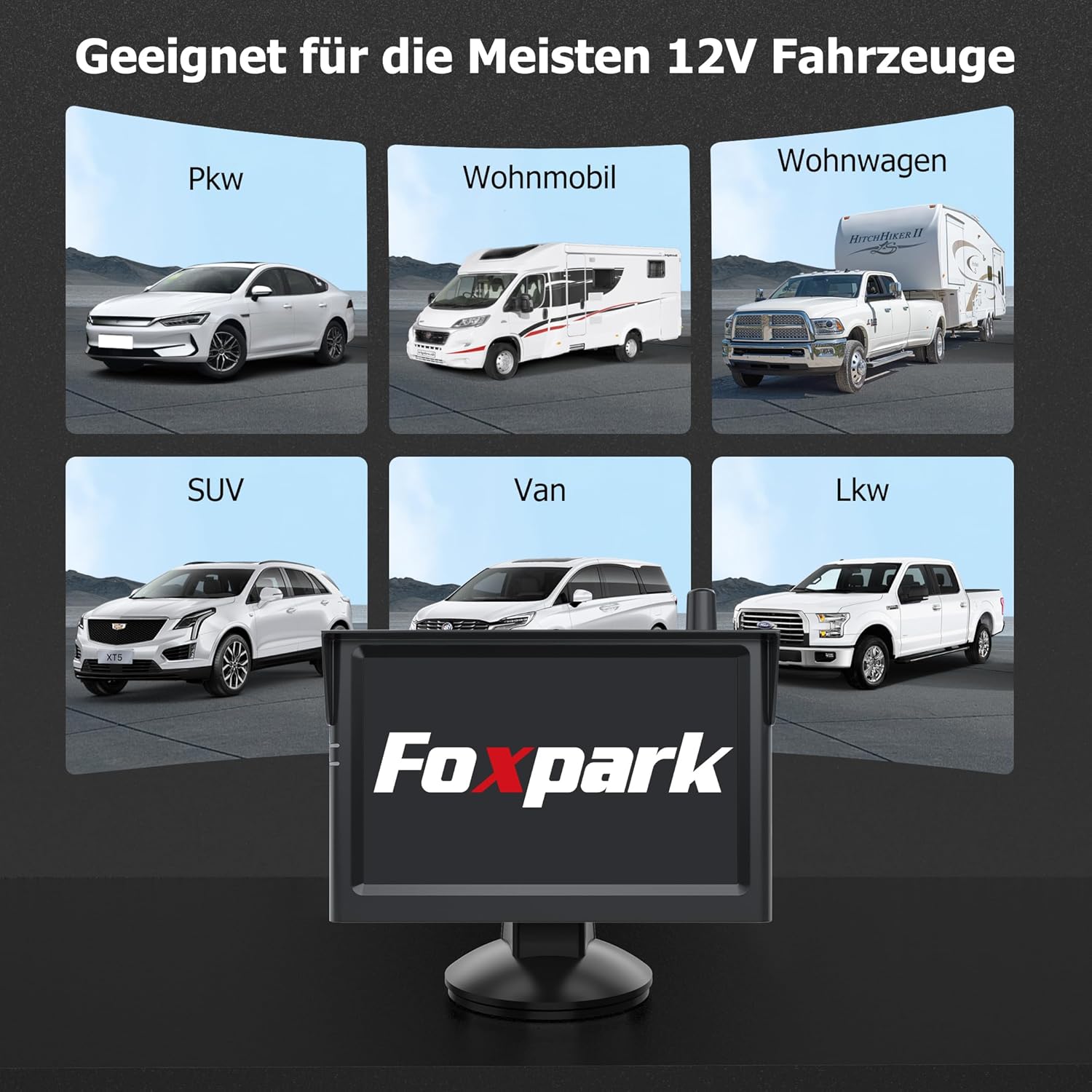 Detalle 2 de Foxpark 5" Solar Rückfahrkamera kabellos Set mit HD1080P Monitor und 2-Kanal-Unterstützung (IP69K)