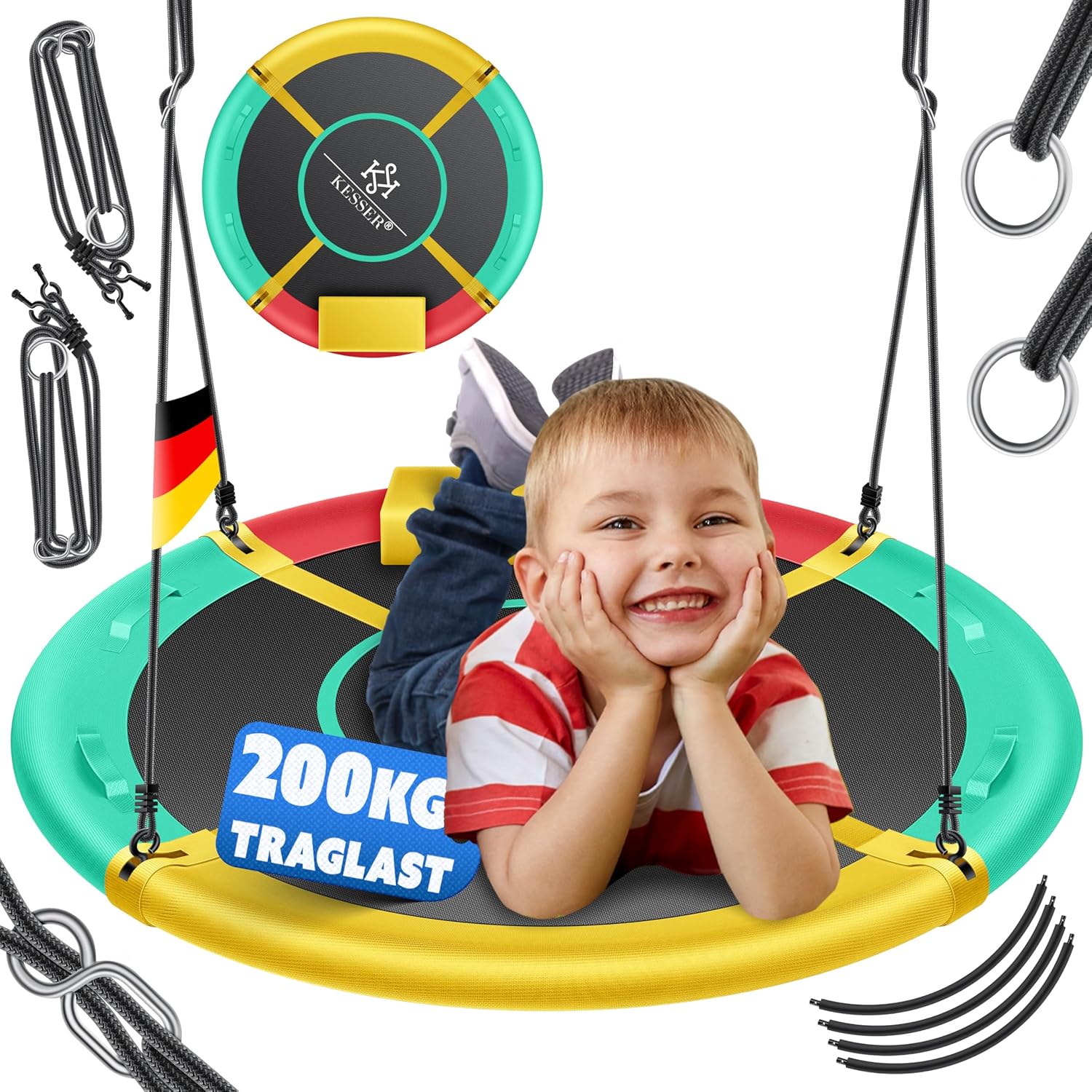KESSER Nestschaukel Rundschaukel Ø60 cm – belastbar bis 200 kg, mit Kissen und 4 Griffen