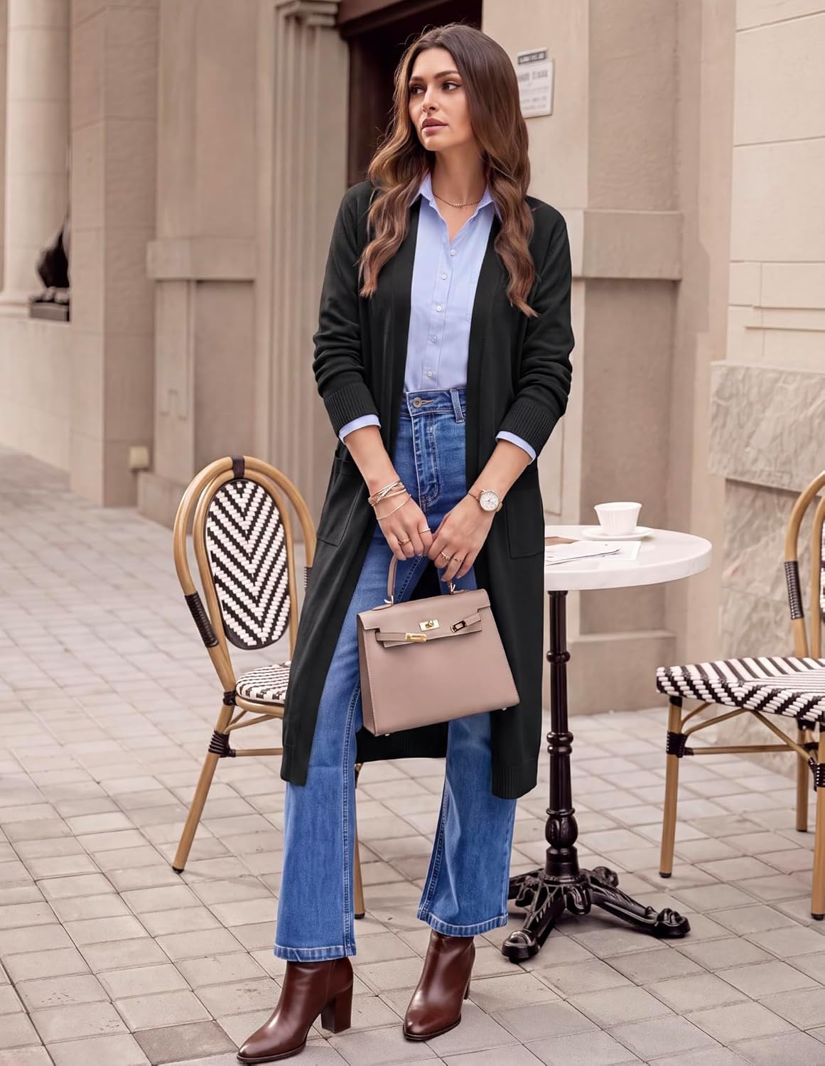 Detalle de GRACE KARIN Essential Solid Maxi Long Knitted Open-Front Cardigan