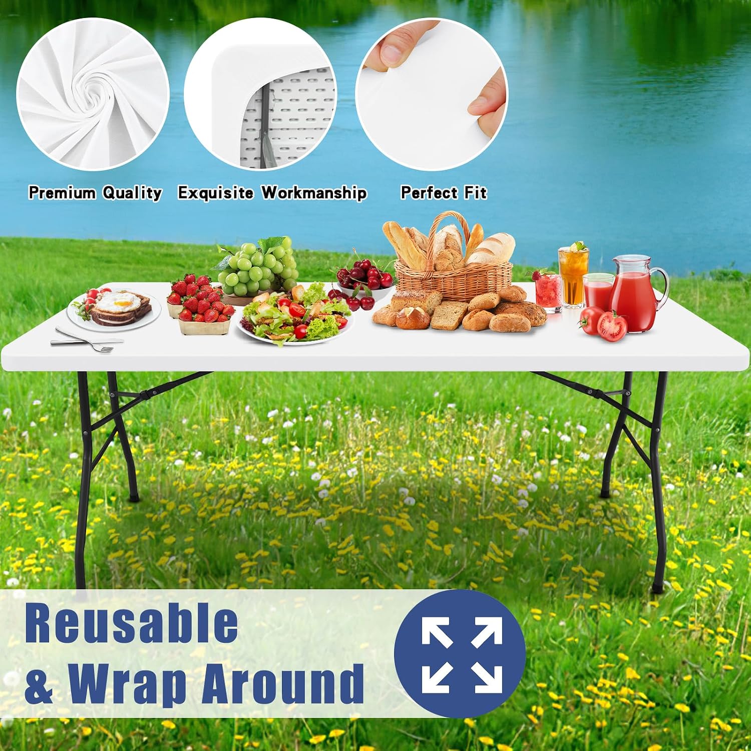 Thumbnail 4 de Moosfor Spandex 6 Foot Rectangle Table Cloth 2 Pack: Elastic Fitted, Waterproof & Reusable