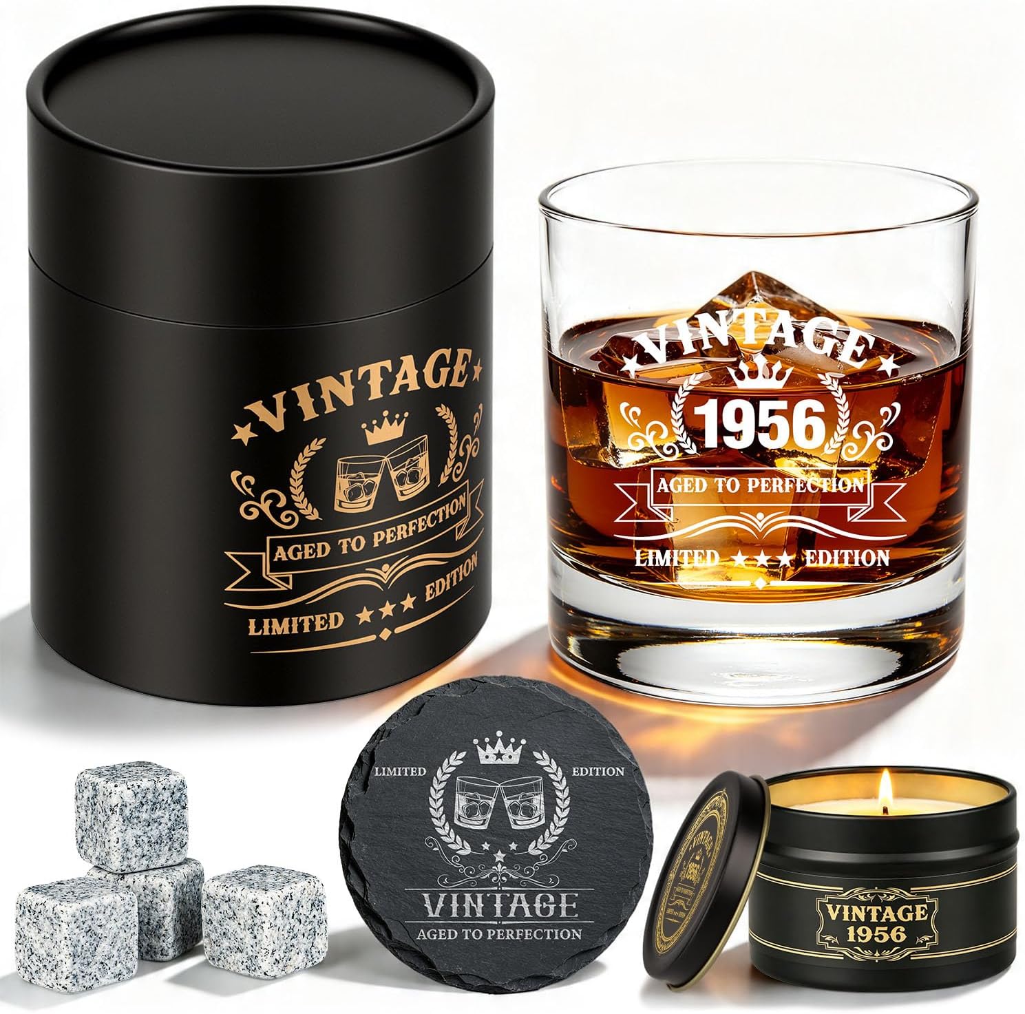 Whisky Geschenkset Männer 1956 – Vintage-Set zum 70. Geburtstag mit Whiskyglas, Granitsteinen, Schieferuntersetzer, Kerze und Geschenkbox