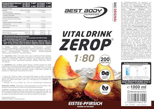 Thumbnail 6 de Best Body Nutrition ZEROP Vital Zuckerfreies Getränkekonzentrat Sirup Eistee-Pfirsich – 1 L ergibt 80 L Getränk (Vitamine B1, B6, Niacin)