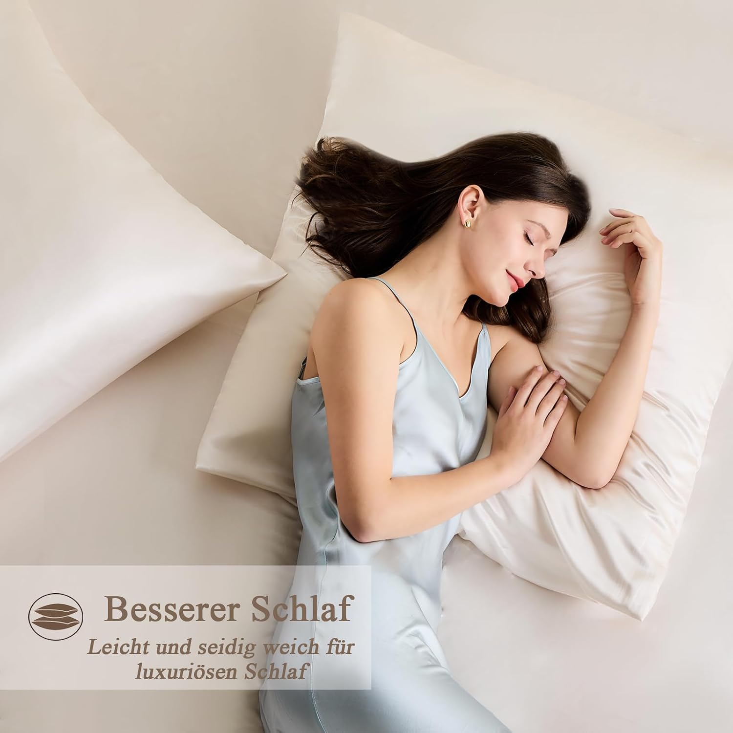 Thumbnail 2 de Vielit Satin Kissenbezug 80x80 im 2er-Set (Beige) mit 2 Haargummis