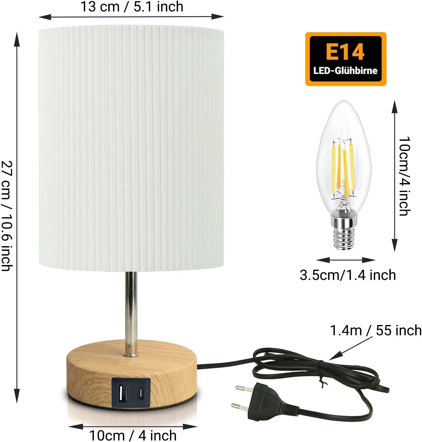 Thumbnail 6 de HSLighting Touch-dimmbare Nachttischlampe mit USB A+C Schnellladen (E14 LED, 3 Helligkeitsstufen) – 2er-Set
