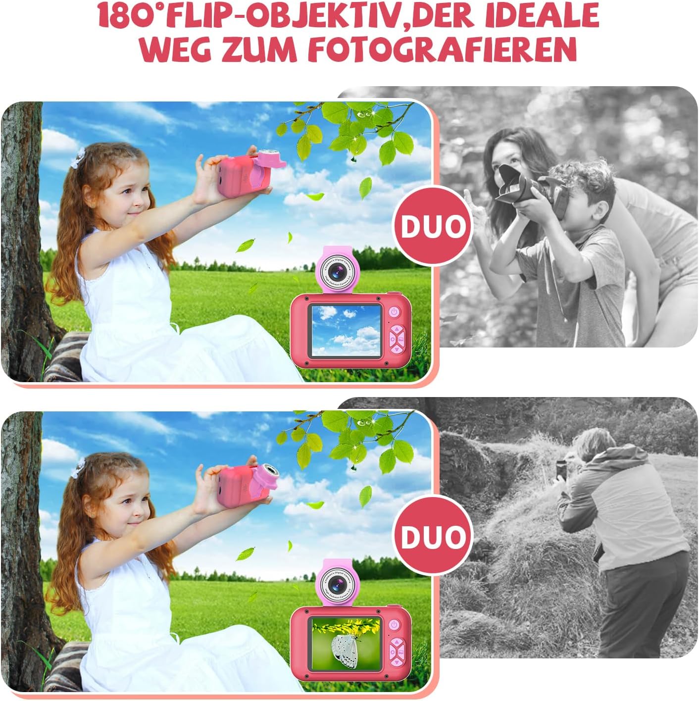Detalle de ARNSSIEN Digitalkamera für Kinder 3–12 Jahre – 2,4" Selfie-Kamera mit 180° Drehobjektiv, 1080P, 8GB TF-Karte, 31 Bilderrahmen & 10 Puzzle-Spiele