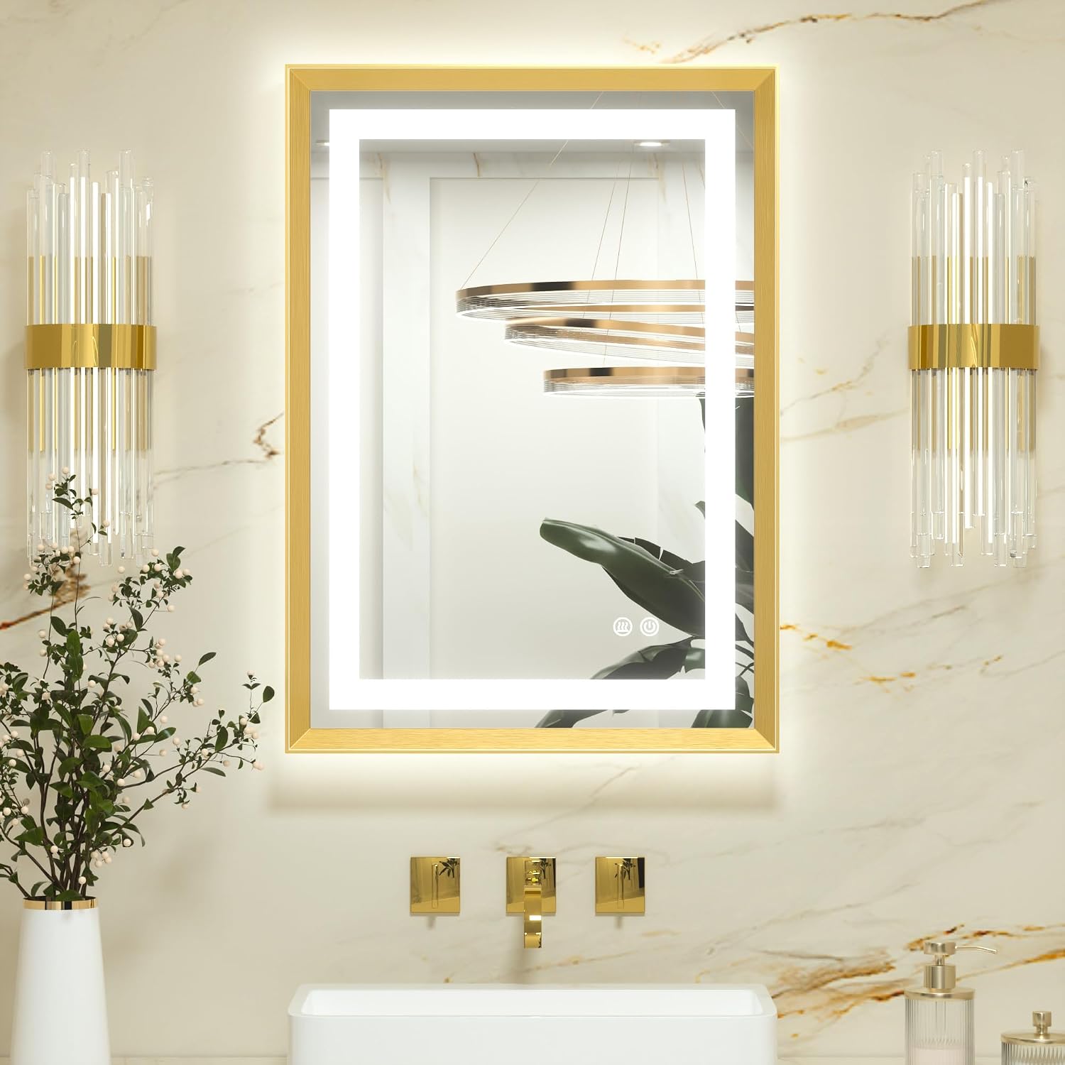 Detalle de Keonjinn Badspiegel mit Beleuchtung, goldfarbener Metallrahmen, 50x70 cm – LED, beschlagfrei, Touch & 3 Lichtfarben
