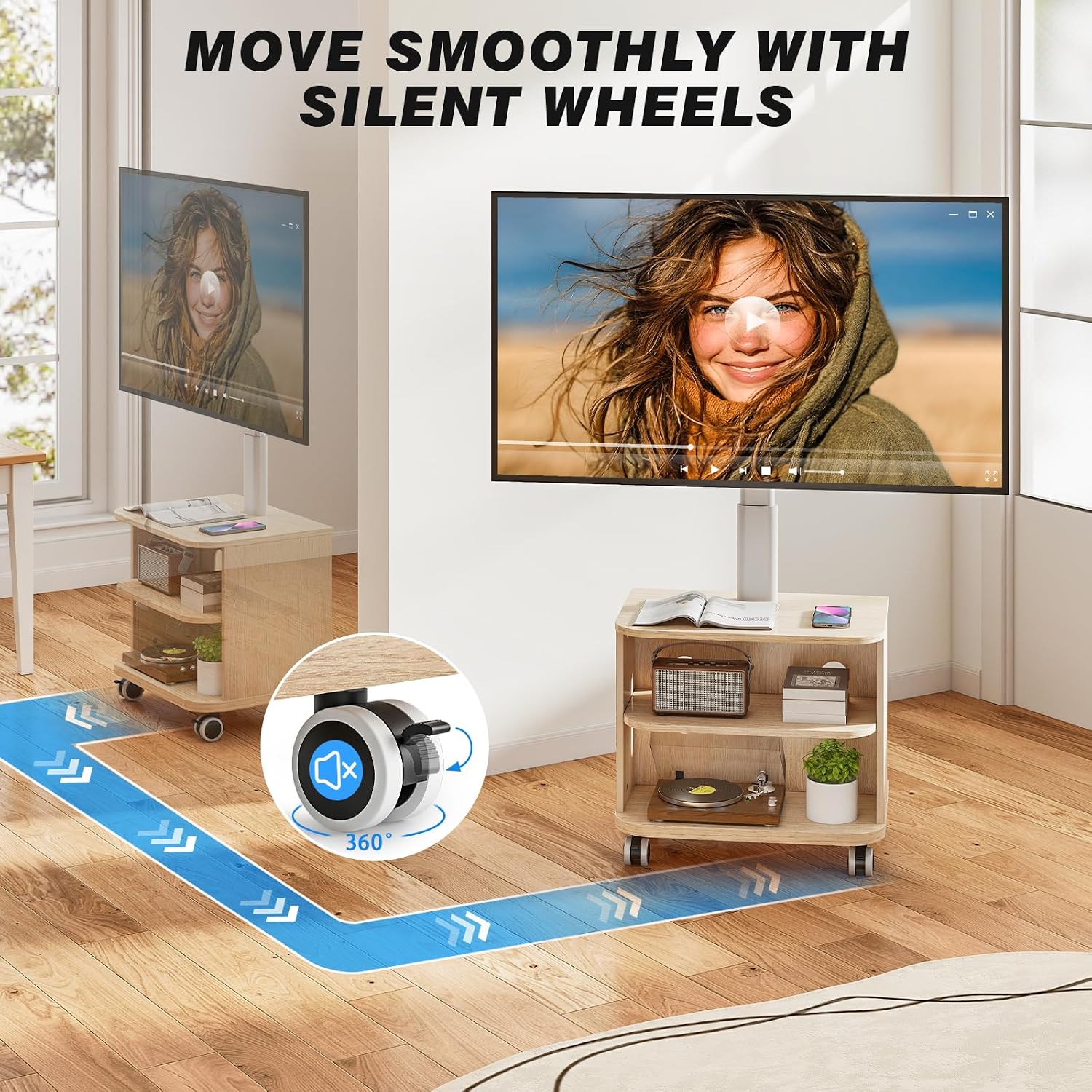 Thumbnail 4 de 5Rcom White Mobile TV Stand for 32–65 inch TVs with Wheels – Swivel, Adjustable Height and Ample Storage
