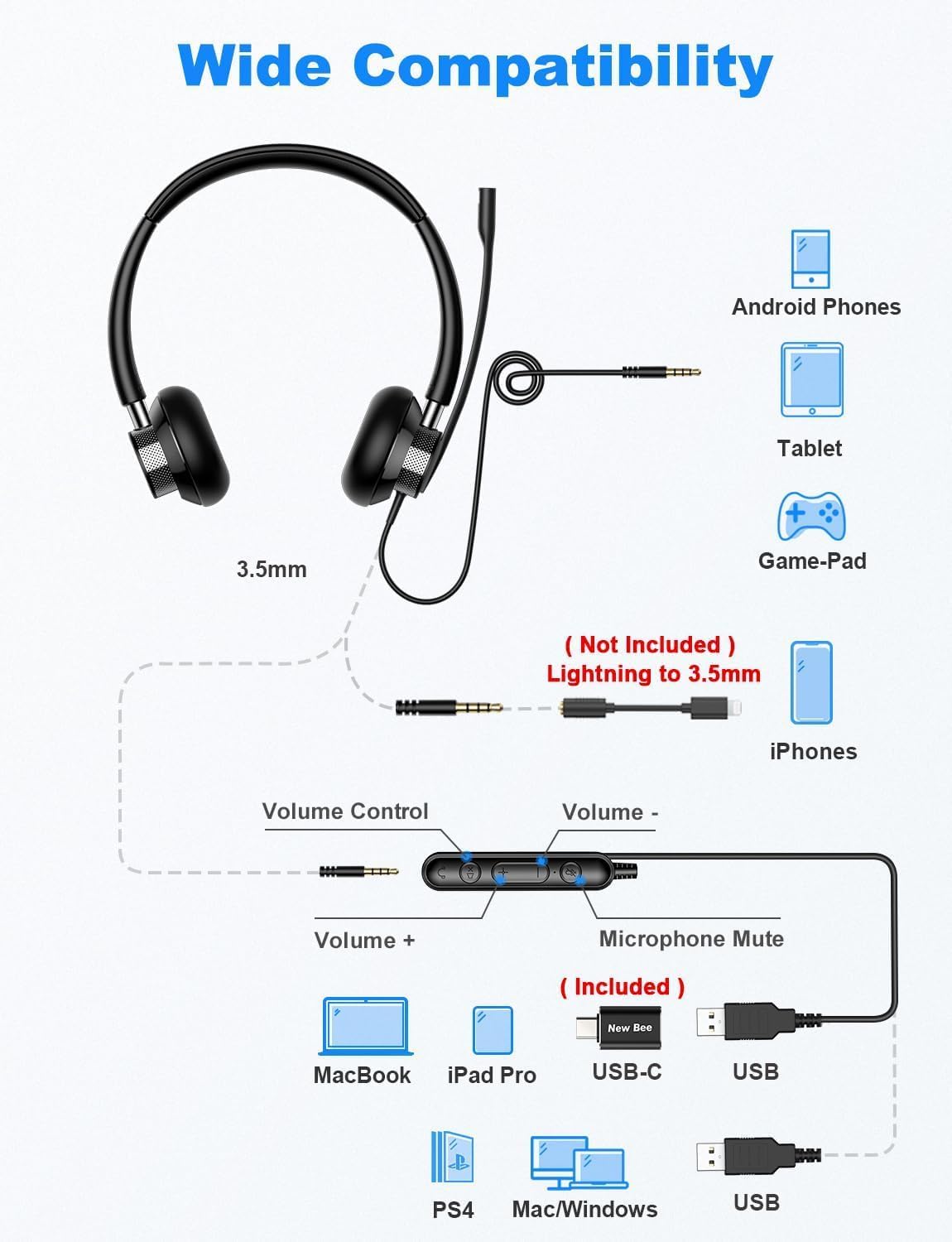 Detalle de New Bee USB Headset with Microphone (H361) – Comfort USB PC Headset for Calls and Online Learning