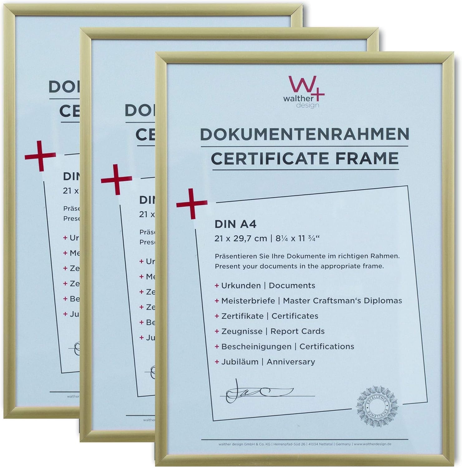 Detalle de Cornice in plastica Cornice Oro Walther design KV130G3, 21 x 29,7 cm (DIN A4) confezione da 3