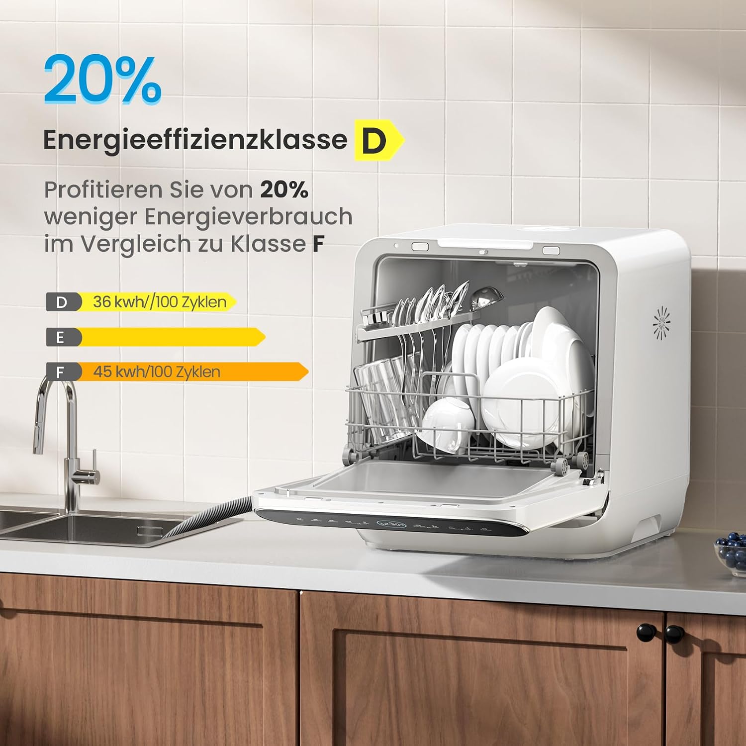 Detalle de Midea Mini Tischgeschirrspüler 3 Maßgedecke mit Wassertank oder Wasseranschluss – kompakt, flexibel, vernetzt